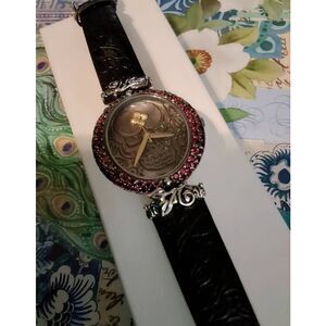 BARBARA BIXBY Silver Gray MOP & Rhodolite Garnet Gemstone Leather Band Watch